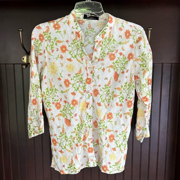 JIM THOMPSON Linen Floral Butterfly Button Front Mandarin Collar Blouse | Size 8 - Picture 3 of 16